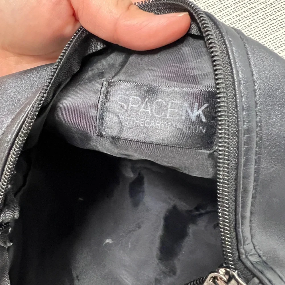 Space NK Apothecary Black Faux Leather with boho Fringe Zipper Bag pouch